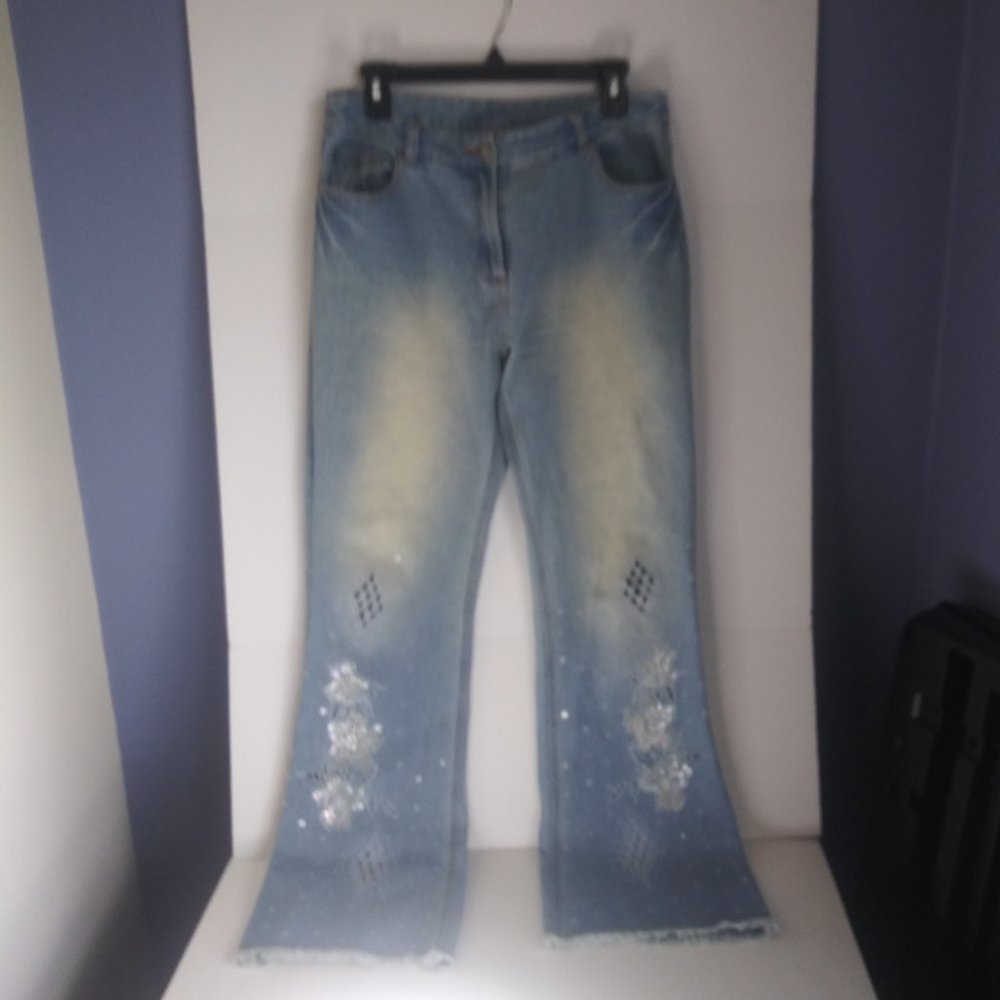 Vintage 90s High Rise Embellished Cut Outs Sequins Wide Leg Mom Jeans size 10